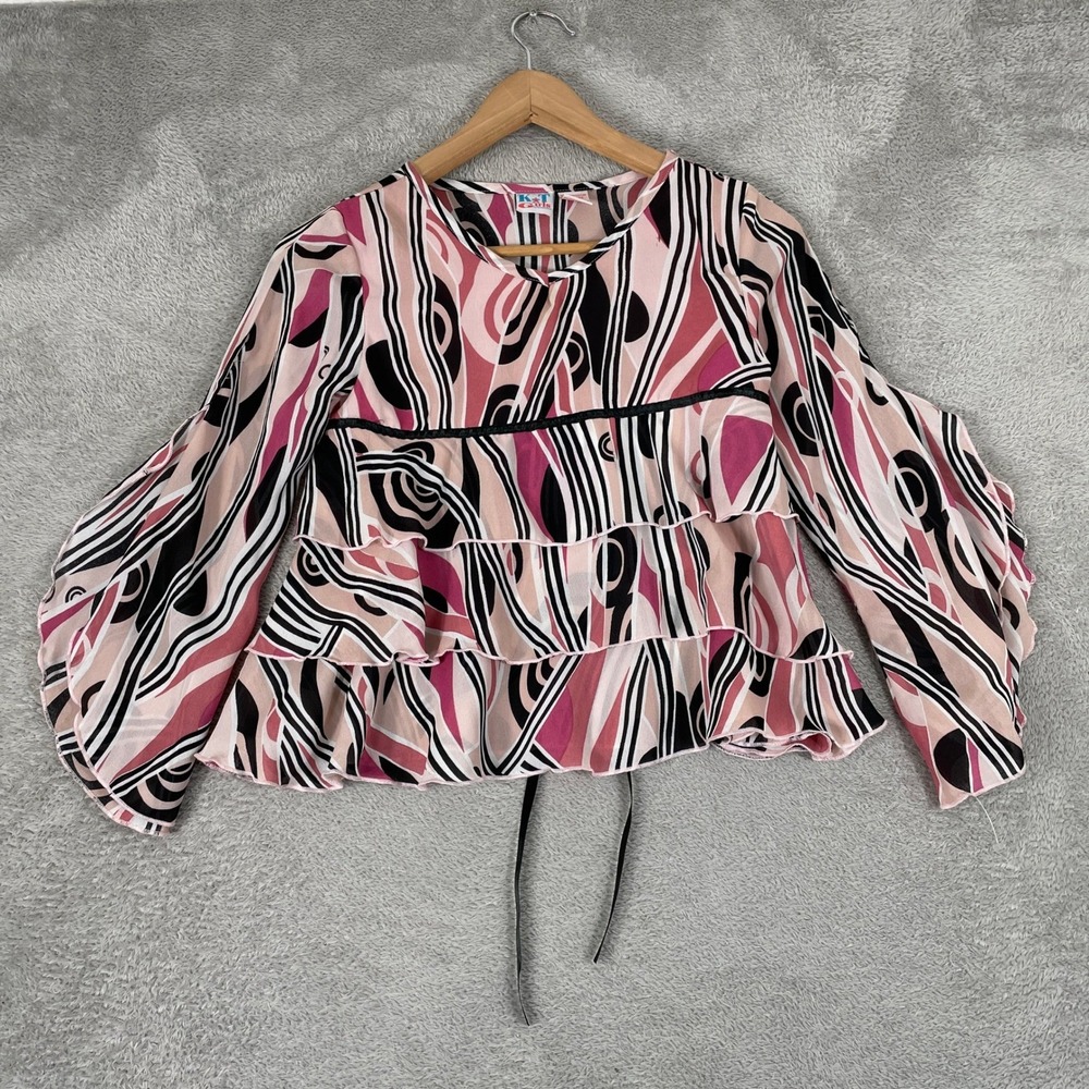 Keneth Too Blouse Womens Small Pink Abstract Swirl Tiered Ruffle Y2K Retro Top